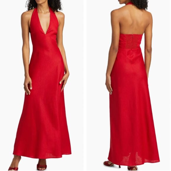 BEST Reformation Delilah Linen Maxi Dress Sz2 Lipstick Red Vacation Halter Party